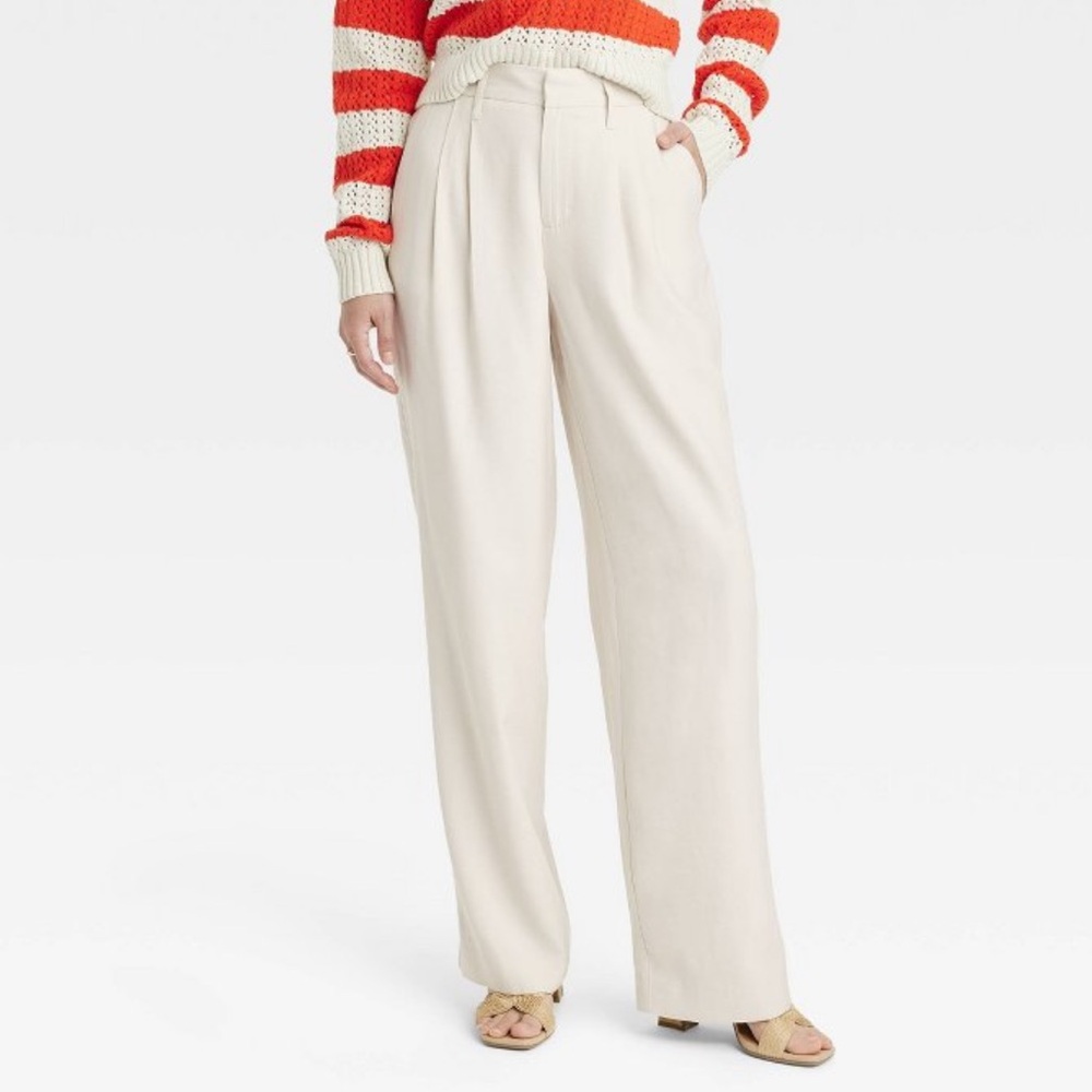 A New Day Women’s High-Rise Linen Pleated Front Straight Pants in Cream | Size 8